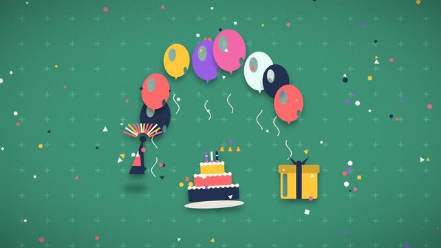Colorful balloons rise above a birthday cake and presents celebrating a festive occasion celebration presents gifts