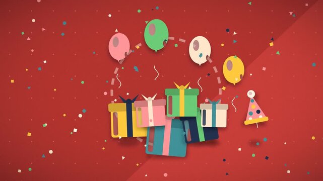 Colorful gifts and balloons ascend against a festive red background birthday celebration presents party redbackground ascending