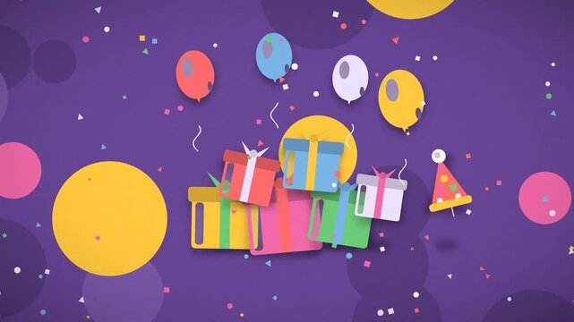Colorful presents float upwards against a speckled purple backdrop celebration gifts wrapping birthday festive party holiday