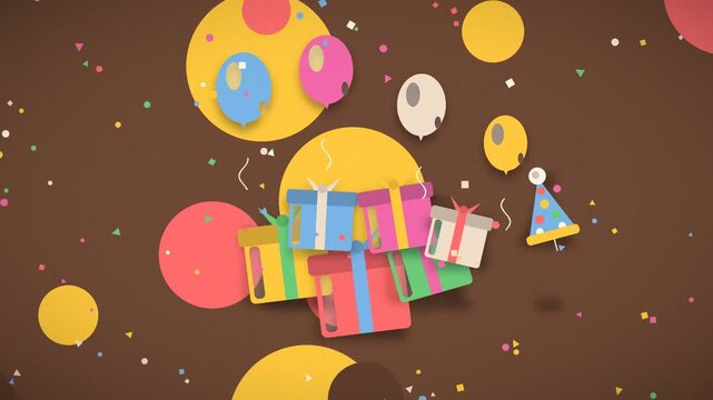 Colorful birthday presents tumble and float amidst confetti and celebratory circles gifts celebration party circles balloons