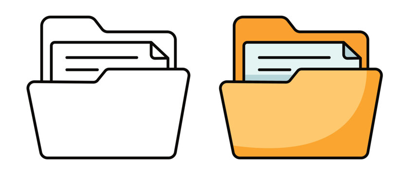 Open folder icon set illustration, vector file folder with document in outline and color styles for file organization and management