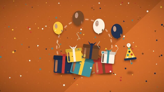 Wrapped presents receive a bouncing golden balloon during a festive birthday celebration balloons celebration gifts wrapping