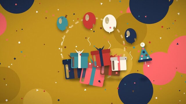 Gift boxes rise amidst confetti and balloons during a celebratory event celebration presents giftwrap festive decorations