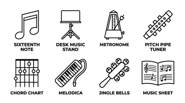 Set of music icons for education featuring instruments and charts metronome instruments education melodica minimalist performance training learning classroom teaching elements composition