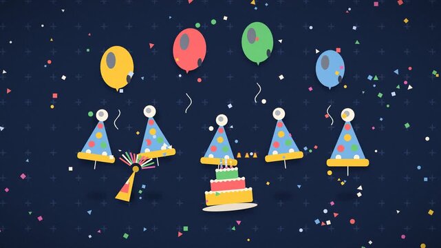 Colorful balloons and party hats rise above a decorated birthday cake celebration festive cake confetti decorations