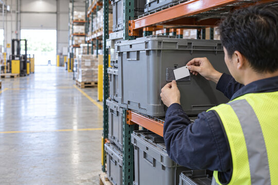 Worker attaching RFID tag to reusable warehouse tote