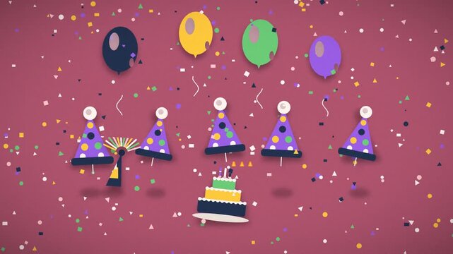 Colorful birthday candles ignite atop a frosted cake amidst falling confetti and balloons celebration balloons party