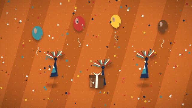 Colorful balloons and gifts celebrate a festive birthday party scene celebration present decorations confetti orange yellow