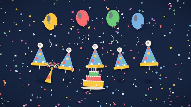 Birthday candles ignite on a decorated cake surrounded by party hats and balloons balloons celebration festive