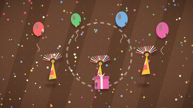 Colorful balloons rise above a decorated birthday gift with confetti falling celebration festive present party decorations