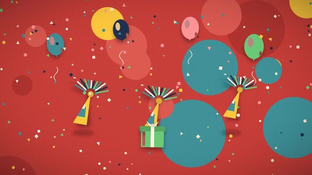A giraffe celebrates a birthday with gifts and colorful confetti falling around it giraffes animal wildlife