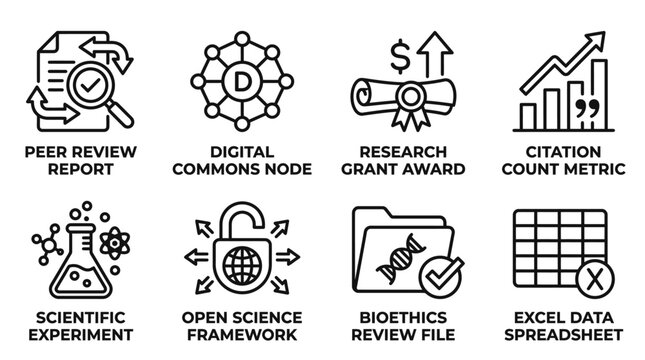 Collection of eight science and academic research process icons with research academic experiment citation analysis bioethics spreadsheet framework methodology reporting statistics document
