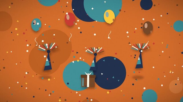 Balloons and stylized trees celebrate a festive birthday occasion celebration party decorations confetti orange turquoise navy
