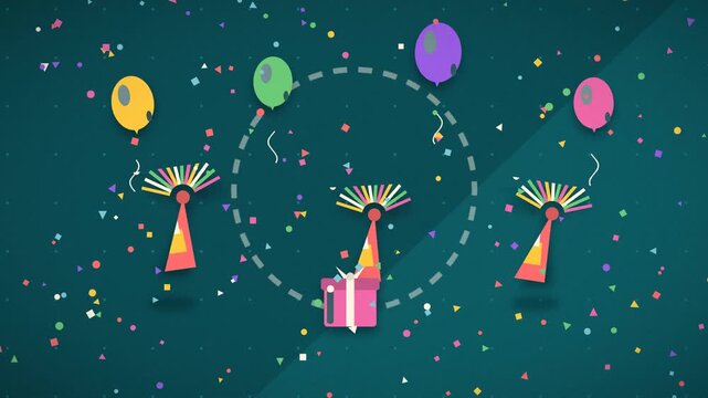 Confetti and balloons float upwards from a birthday gift in a celebratory scene celebration present party