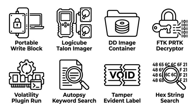 Digital forensic computer investigation tools and data recovery icons with forensics investigation recovery security technology computer hardware evidence decryption analysis software
