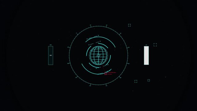 Futuristic digital hud interface with a rotating wireframe globe and circular scanning elements on a dark background
