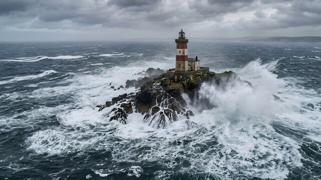 A lighthouse in the middle of a stormy ocean with waves crashing against the rocks