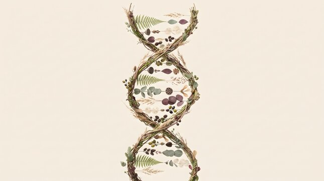 Abstract DNA double helix structure formed from natural botanical elements and forest plants.