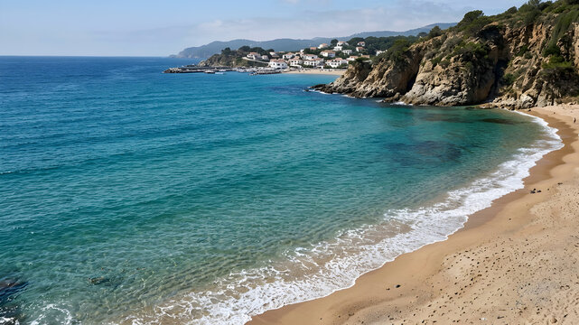 Turquoise water laps sandy beach rocky cliffs distant village ocean coast