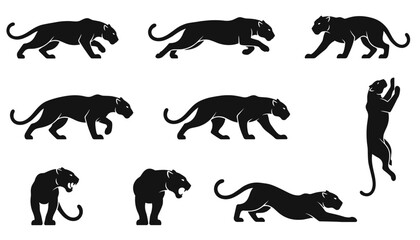 Fototapeta premium Collection of nine black panther silhouettes in various dynamic poses like running, stalking, climbing, and roaring.