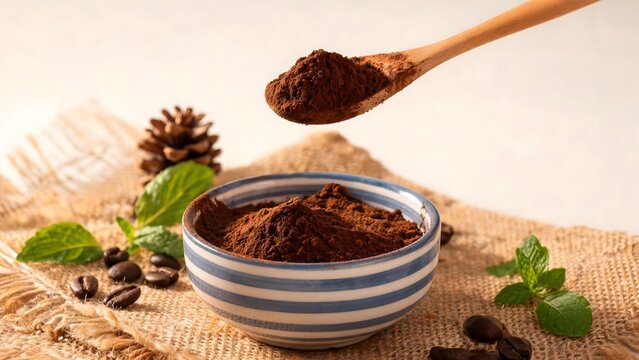 Cocoa Powder in a Wooden Spoon and Blue Striped Bowl with Coffee Beans and Mint