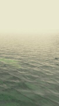 The scene shows water with a green hue in a lake during the early morning. Light mist covers the surface, creating a soft view. Gentle waves ripple across the water.