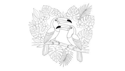 Fototapeta premium Detailed coloring page illustration featuring two toucans perched on a branch surrounded by tropical jungle leaves.