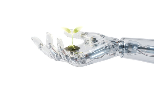 A robotic hand holding a small green plant sprout isolated on transparent background