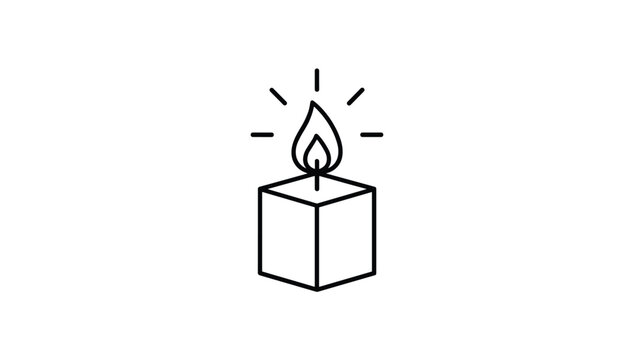 Elegant minimalist line art illustration of a square cube candle burning with a bright flame radiating warm light beams.
