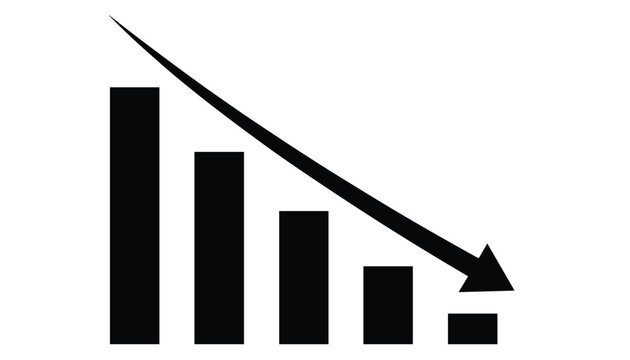 Solid black icon of a bar chart showing steady decline with a thick downward arrow pointing to the lowest value.