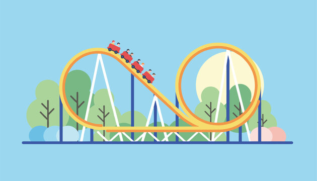Bright and cheerful vector illustration of a rollercoaster in an amusement park with trees and a sunny background.