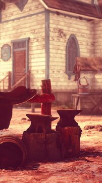 A blacksmith area shows anvils and tools near a wooden building. Sunlight brightens the scene, creating a warm atmosphere. The setting is rustic with dirt ground.