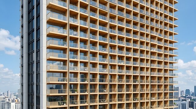 Modern high rise apartment building exterior with repetitive balconies and glass windows against a blue sky.
