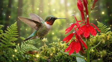 Fototapeta premium Hummingbird flying near a red flower in a magic forest