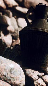 A pottery jar sits among rocks by a river. Sunlight shines on the jar, highlighting the texture and shape. The environment shows stones and natural surroundings.
