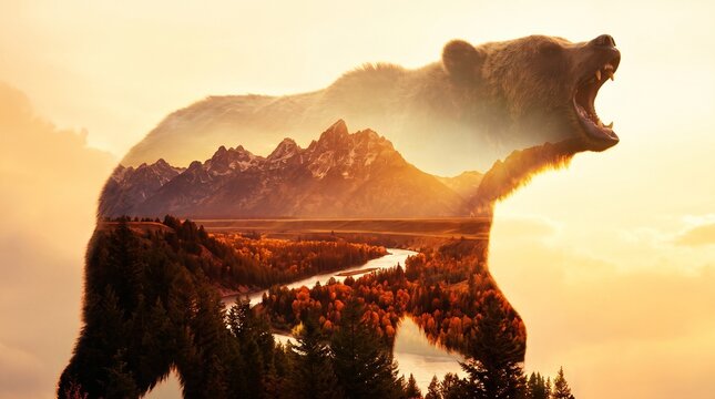 Beautiful double exposure of a roaring bear silhouette with rugged mountains