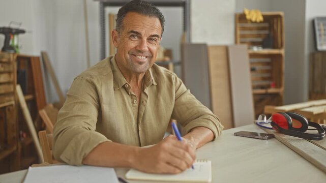 Man carpenter writing notes with pen and hand on notebook at workshop table with earmuffs smartphone and wooden boards in studio; focused planning.