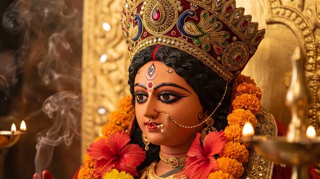Majestic Goddess Durga Murti with Hibiscus and Incense Smoke for Navratri
