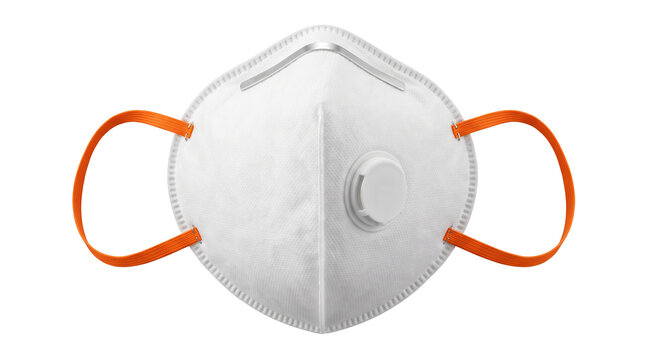 White n95 particulate respirator face mask with orange elastic bands and valve for personal protection during viral health outbreaks.