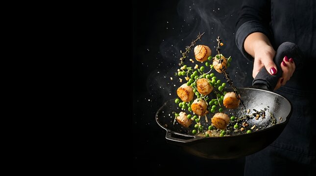 Chef tossing seared sea scallops and green peas in hot frying pan with steam on black background