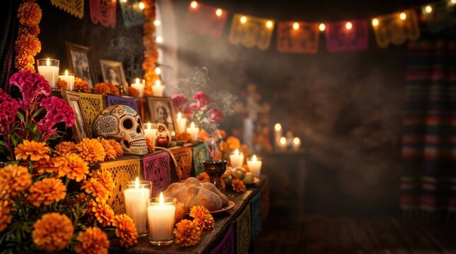 Mexican ofrenda altar honoring dia de los muertos, traditional day of the dead celebration featuring sugar skull ornament, orange marigold flowers, burning candles, pan bread, all souls, saints.