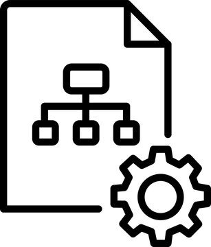 Organizational flowchart on document with gear icon representing system setup isolated on transparent background