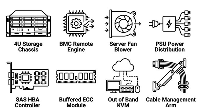 Technical schematic showing various data storage and server room management hardware with datacenter hardware infrastructure electronics management components distribution controller computing
