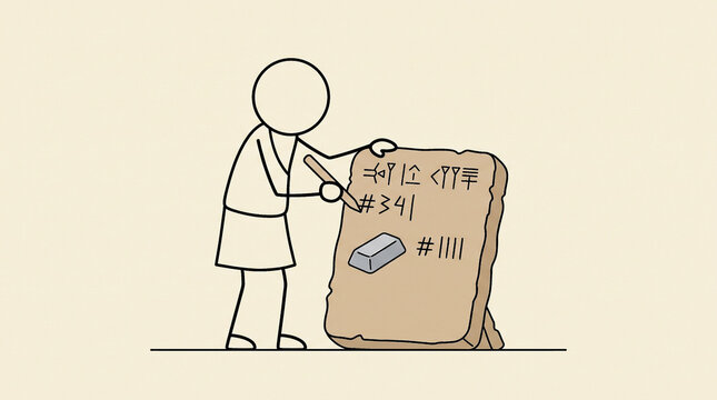 Stick figure carving ancient cuneiform symbols on a stone tablet