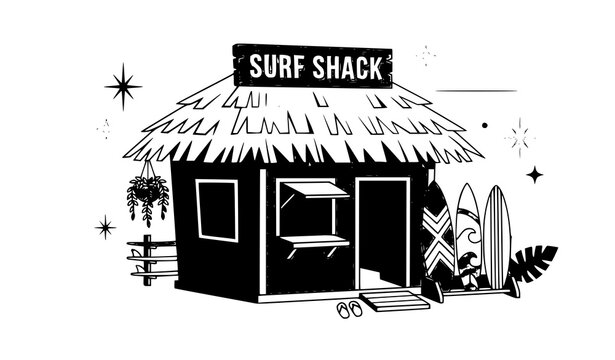 Retro tropical surf shack with colorful surfboards vector illustration