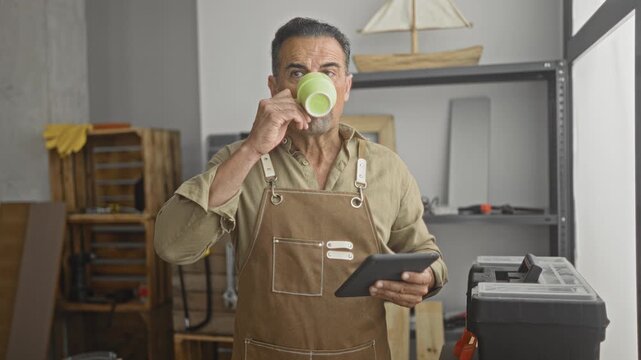 Man carpenter taps tablet and reads digital plans while holding a coffee mug near a toolbox inside a building workshop; focus craft diligence.