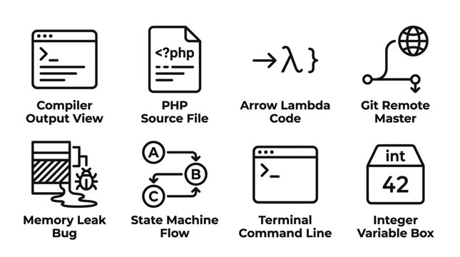 Set of eight software development and programming icons showing technical concepts like compiler output and memory leaks with programming development software compiler terminal variable computer