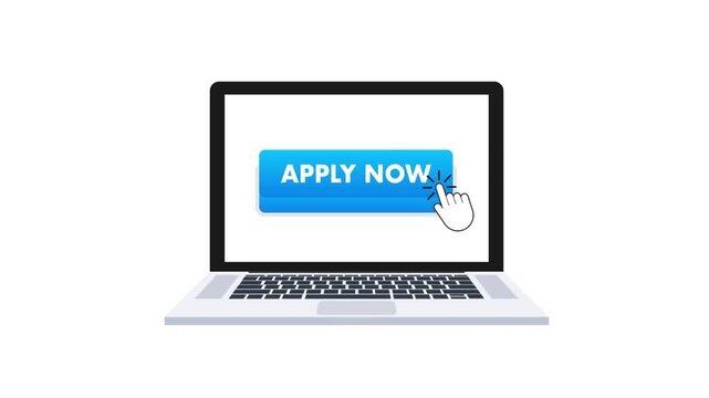 Hand cursor clicking the apply now button on a laptop screen