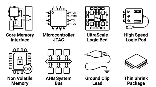 Hardware architecture and electronic components icons showing core memory interface microcontroller jtag ultra scale logic bed high speed logic pod non volatile memory ahb system bus ground lead