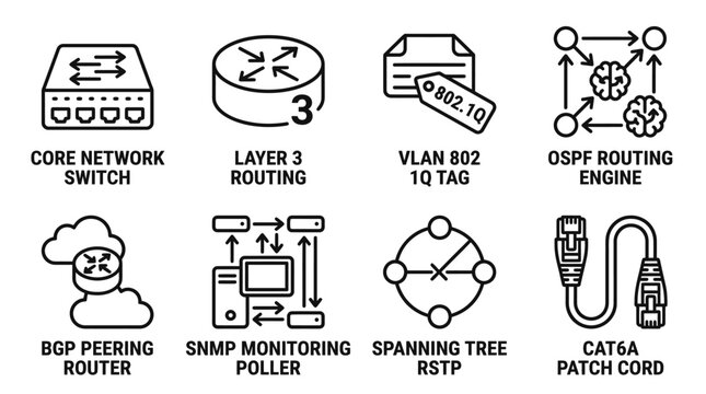 Networking and routing protocol icons showing core network switch layer 3 routing vlan 802.1q tag ospf routing engine bgp peering router snmp monitoring poller spanning tree rstp cat6a patch cord